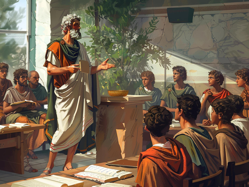 Ancient Greek school with teacher and students